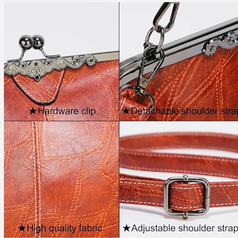 Bykoine Retro Hollow Oil Wax PU Leather Handbag with Kisslock EUC - Picture 6 of 8